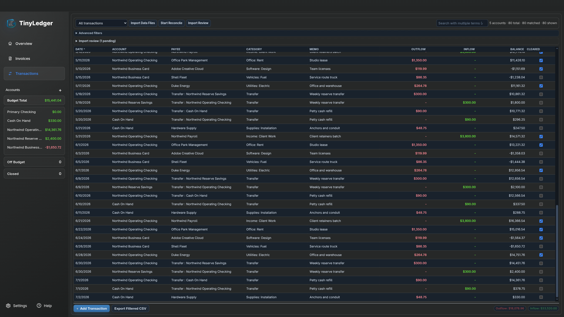 Tiny Ledger transaction register